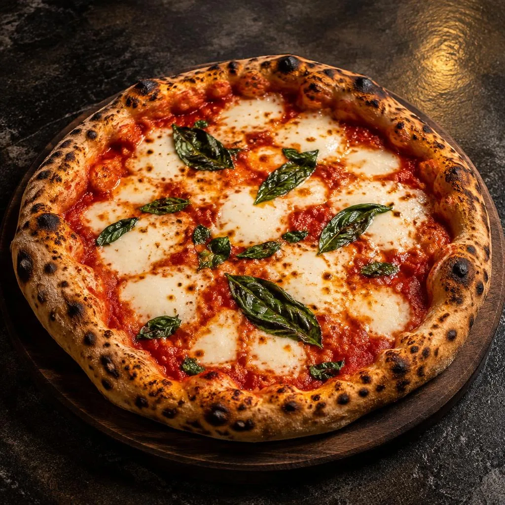 Steinofenpizza mit Tomaten, Mozzarella und frischem Basilikum