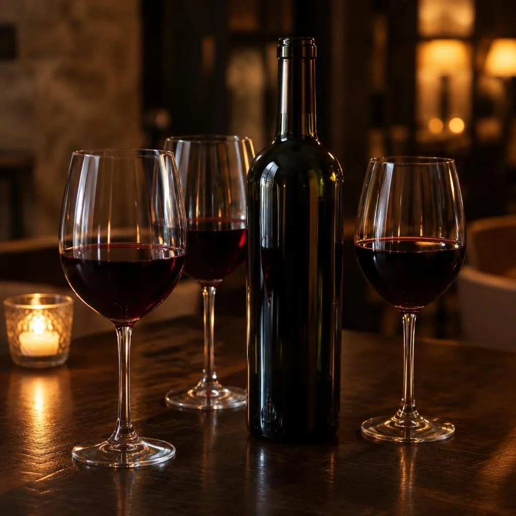 Drei Gläser Rotwein neben einer unbeschrifteten Weinflasche