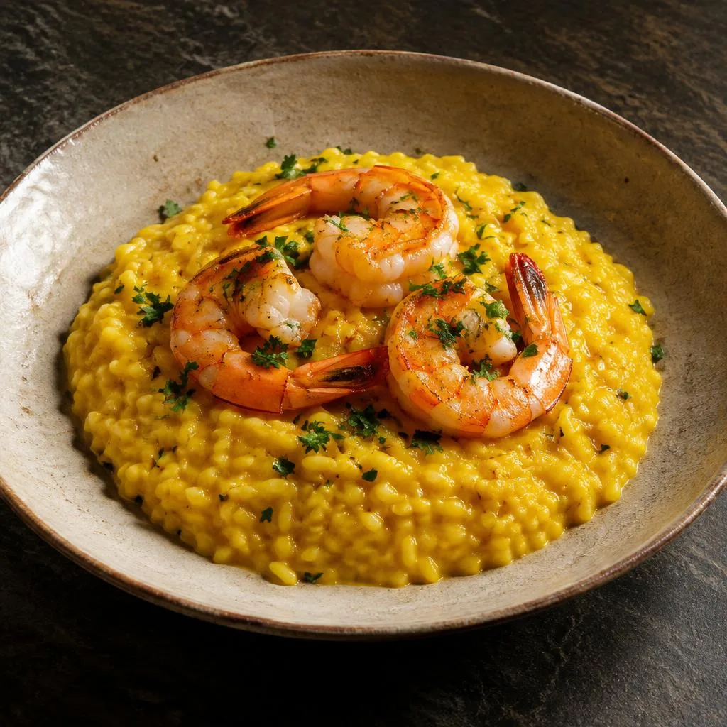 Goldgelbes Safranrisotto mit gebratenen Garnelen und Petersilie